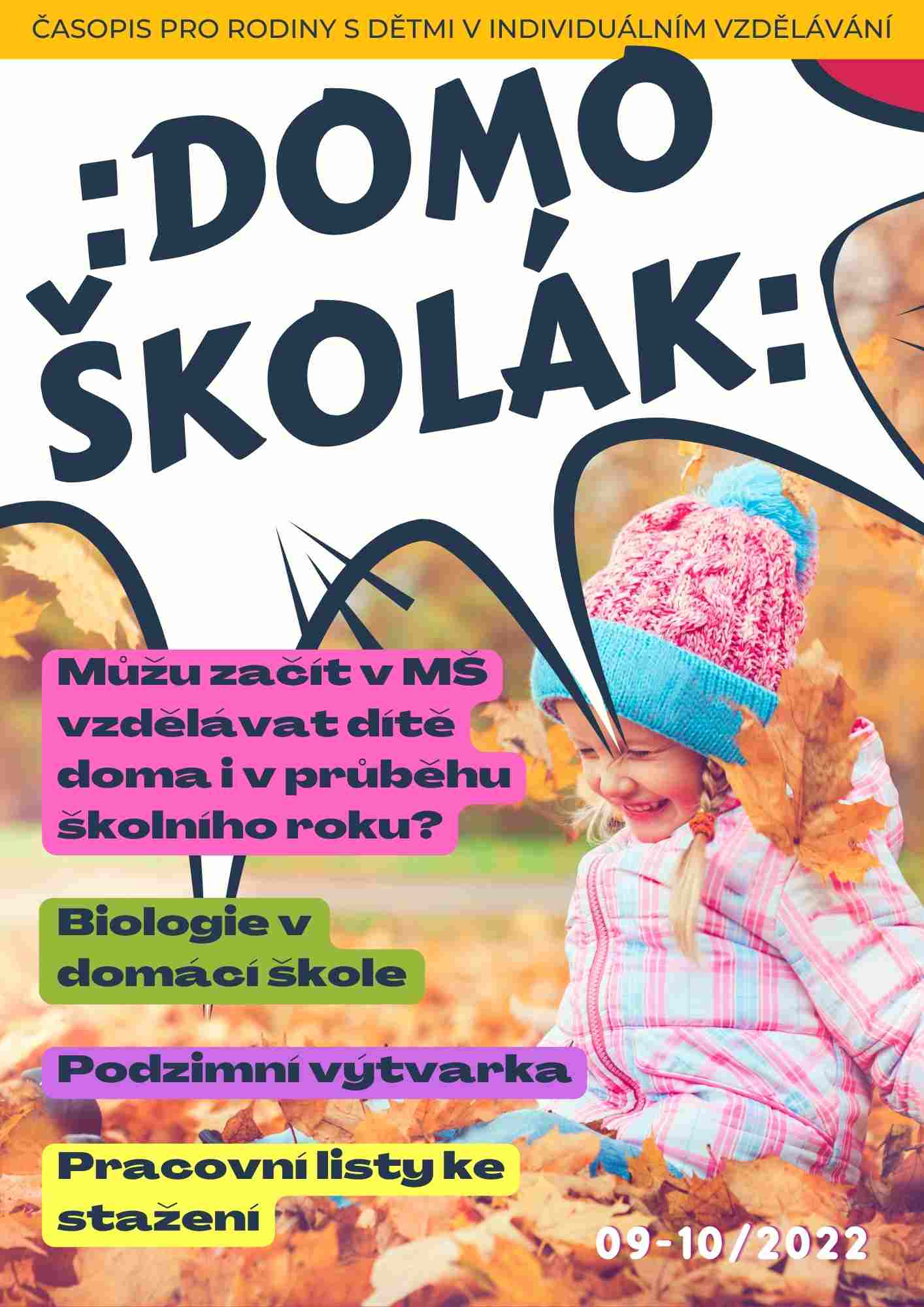 Časopis Domoškolák titulní strana s malou slečnou hrající si v podzimním listí