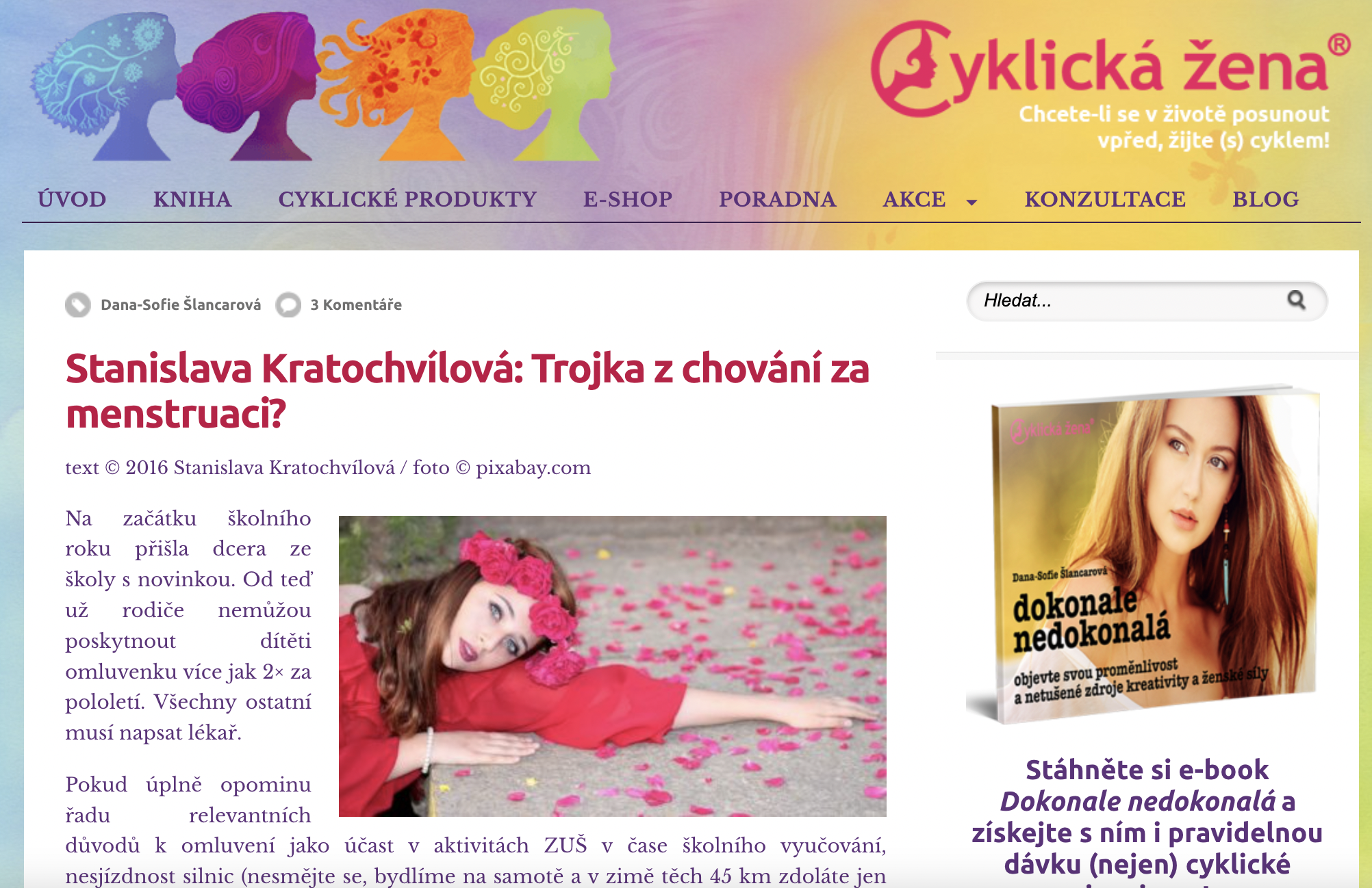 Ing. arch. Stáňa Kratochvílová, blog Cyklická žena, téma Menstruace a povinná školní docházka 